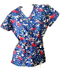 Serene Uniforms Scrub Top Short Sleeve V-Neck Blue Christmas Misses Size M NWT