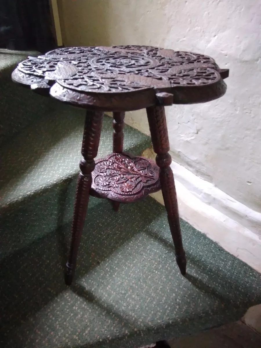 Vintage Oriental Fish Top Craved 3 legged Table