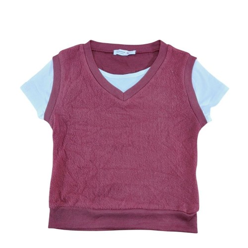 Burgundy Terry Cloth Sweater Vest Size 7/8 White Short Sleeves Layered Look Top