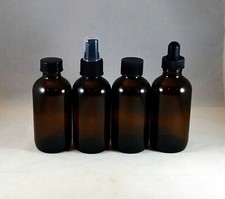 4 oz Amber Boston Round Glass Bottles w Caps, Droppers, Phenolic, Mult Lot Sizes