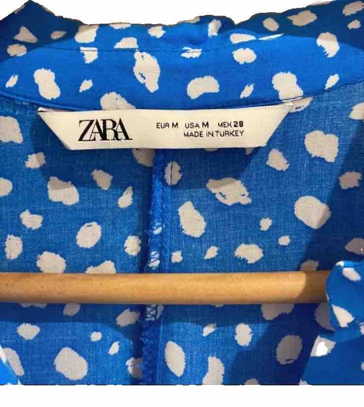 Zara Marilyn Blue Floaty Spotty Polka Dot Belted Shirt Dress Maxi Size M image 3