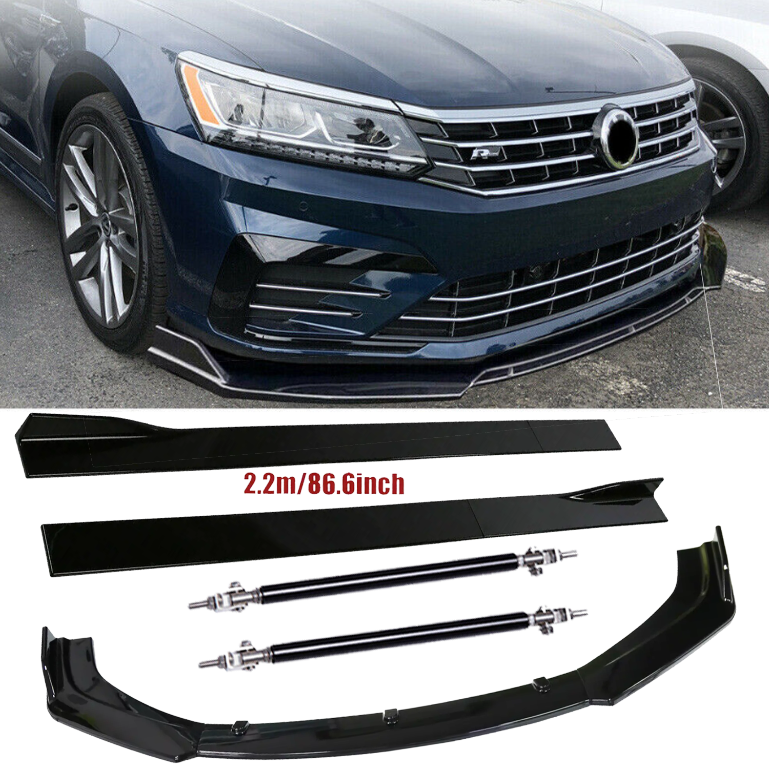 VW Passat R 2010-2022 Front Bumper Lip Splitter Spoiler Strut Rods