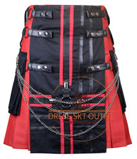 Scottish Men's Red Black Cotton Utility Fashion Kilt Punk Goth Hybrid Cargo Kilt