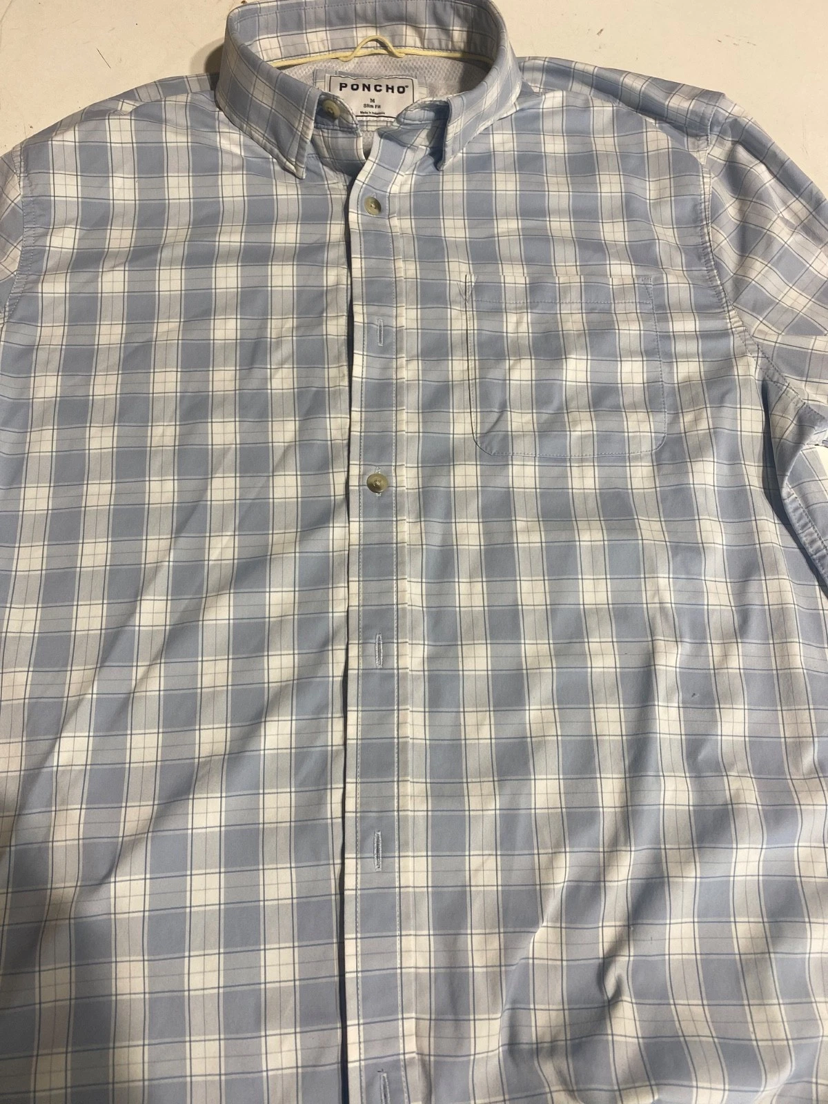 Poncho Mens Shirt Medium Blue White Plaid Nylon Slim Fit Long Sleeve Button Up