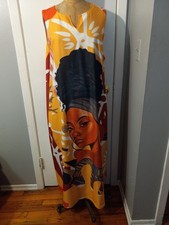 African Dress, Portrait Design, 3X, 55" Long, With Pockets