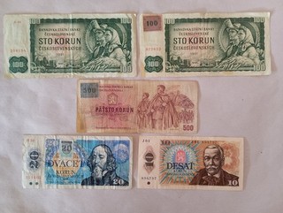 5 Geldscheine: 730 Korun aus der ehemaligen Tschechoslowakei