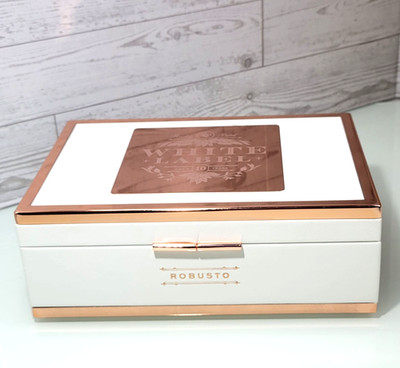 Rocky Patel White Label Robusto Empty Cigar Box White Leather Rose Gold Hardware