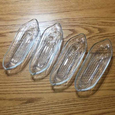 Vintage Clear Corn on the Cob Dishes~SET OF 4~Pressed Glass Trays