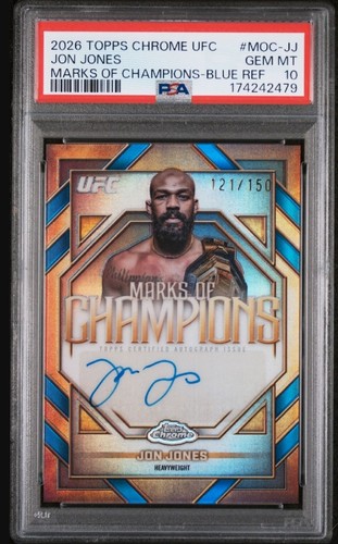 2026 TOPPS CHROME UFC JON JONES /150 PSA 10 MARKS OF CHAMPIONS BLUE REFRACTOR SP