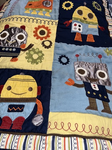 Sweet Jojo Robots ReversibleCrib Blanket 2014 Navy green Yellow Orange - Picture 8 of 11