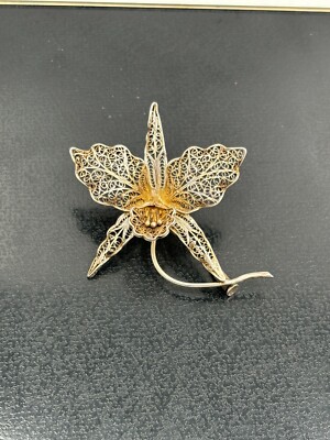Vintage massive 900 Silber filigrane Orchidee Blüten Brosche