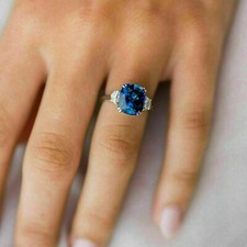 Radiant Cut Lab-Created 3.40 Ct Blue Sapphire Wedding Ring 925 Sterling Silver