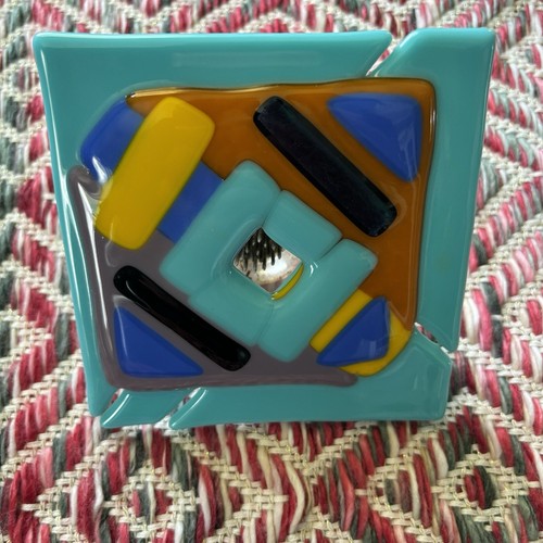 Ikebana Vase Fused Glass With Pin Flower Frog Geometric Multicolor Bold Decor - Picture 6 of 8
