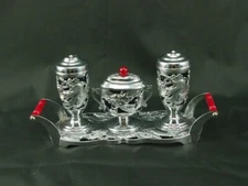 Circa 1900 Japanese Cobalt Blue Glass Silver Salt Mustard Set Dragon