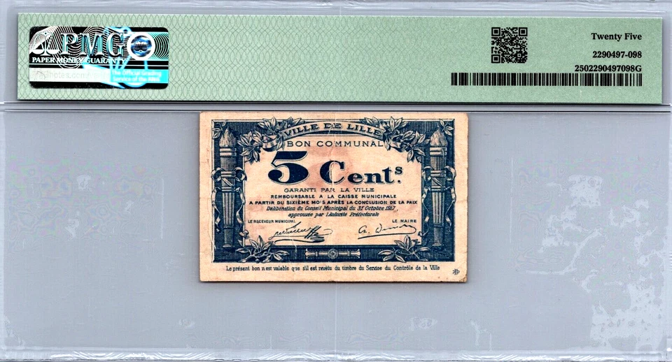 Франция 5 сантимов 1917 TOP POP «Unlisted» WW1 чрезвычайный выпуск PMG 25 VF - Изображение 2 из 4