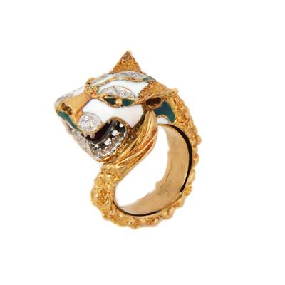 Vintage Diamond Enamel 18k Two Tone Gold Bypass Dog/Wolf Head Ring Size 