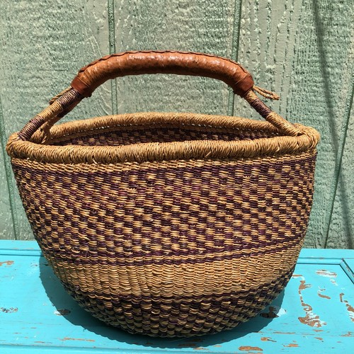 Handwoven African Market Basket Bolga Storage Container with Leather Handle