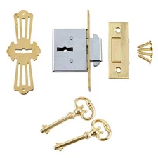 Brass Square Full Mortise Lock w/Two Skeleton Keys for Roll Top Desk - Antiqu...
