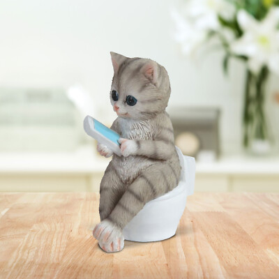 Grey Tabby on Toilet 4.25''H Cat Figurine Ornament Home Decor Unique Gift