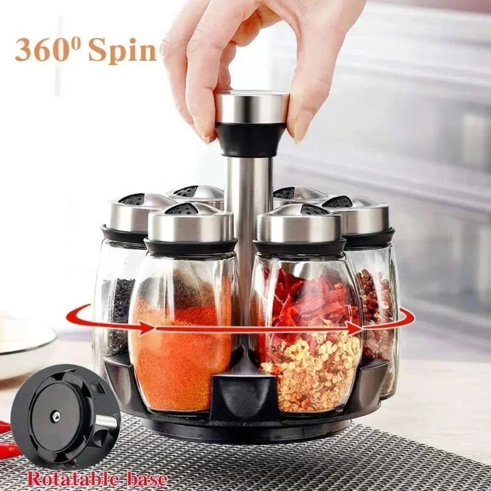 7pcs Rotating Spice Jar Set with Glass Bottles – Salt, Pepper & Seasoning Rack