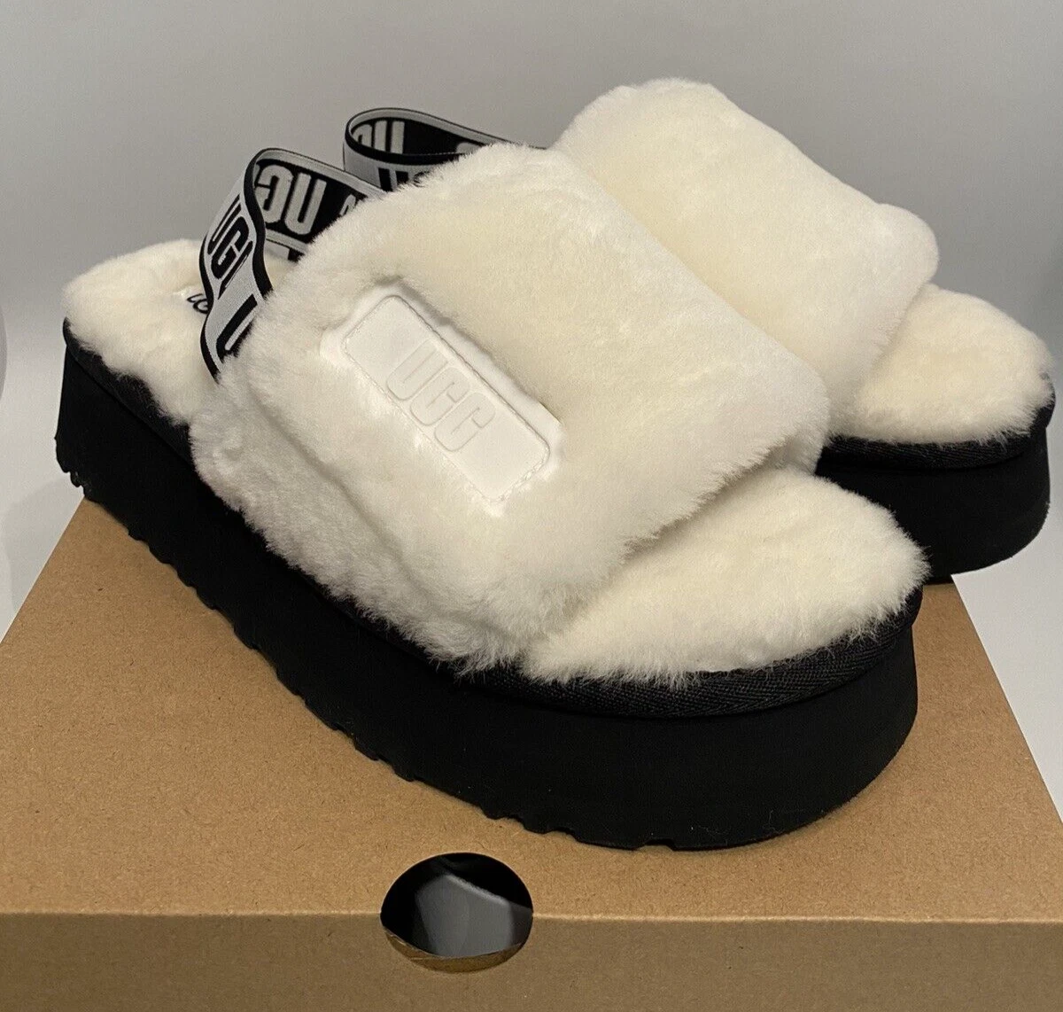 Scarpe pantofole Ugg donna discoteca slide taglia 9 bianche shearling platform slingback