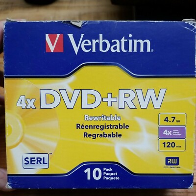 10 Verbatim 4.7gb Rewritable Disc DVD+RW 4x Speed Disk With Slim Jewel Case