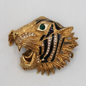 Authentic Erwin Pearl Tiger Brooch Gold Plated w/ Enamel & Rhinestones Large