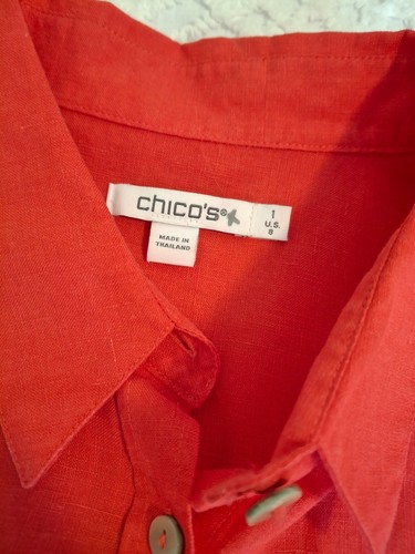 Chico's Size 1 Medium Red 100% Linen 3/4 Sleeve Button Up Down Shirt Top - Picture 8 of 9
