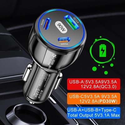 90W Autoladegerät PD30W &QC3.0 Multi Port Typ C Zigarettenanzünder USB Ladegerät