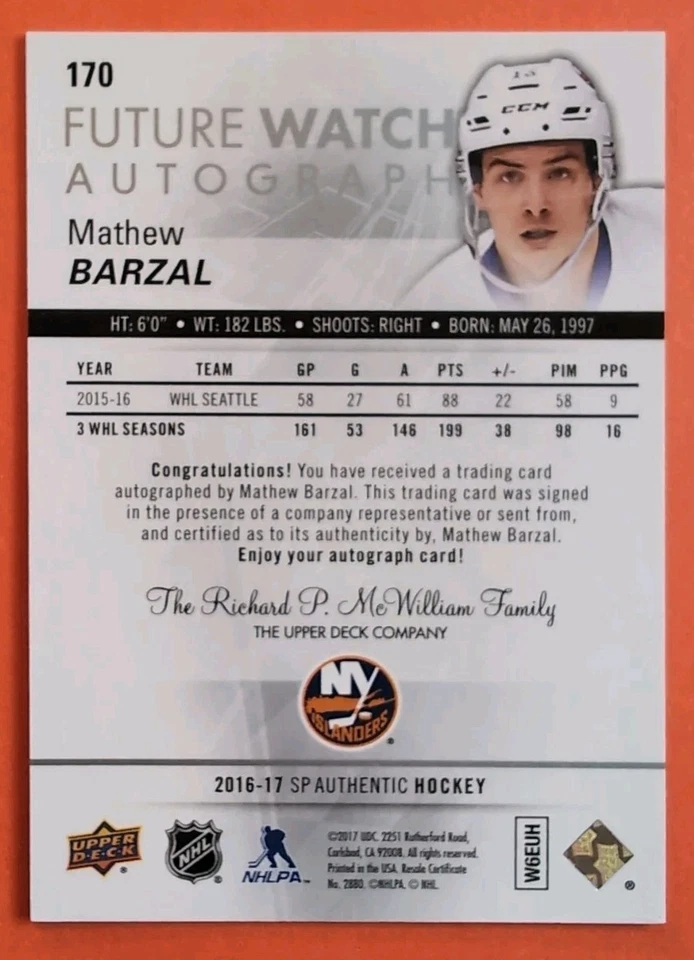 MATHEW BARZAL FUTURE WATCH 2016-17 SP AUTHENTIC /999 ROOKIE AUTOGRAPH SP #170 RC - Image 2 of 4