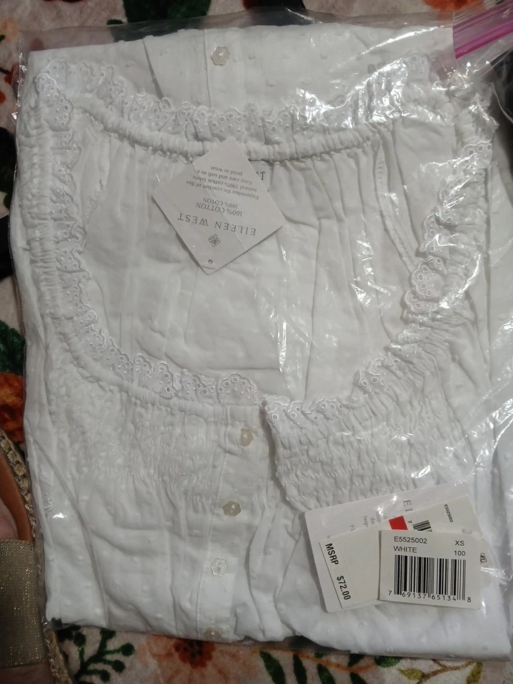 Ropa de dormir Eileen West bata corta talla XSMALL algodón tejido césped punto suizo blanco Foto 3 de 4