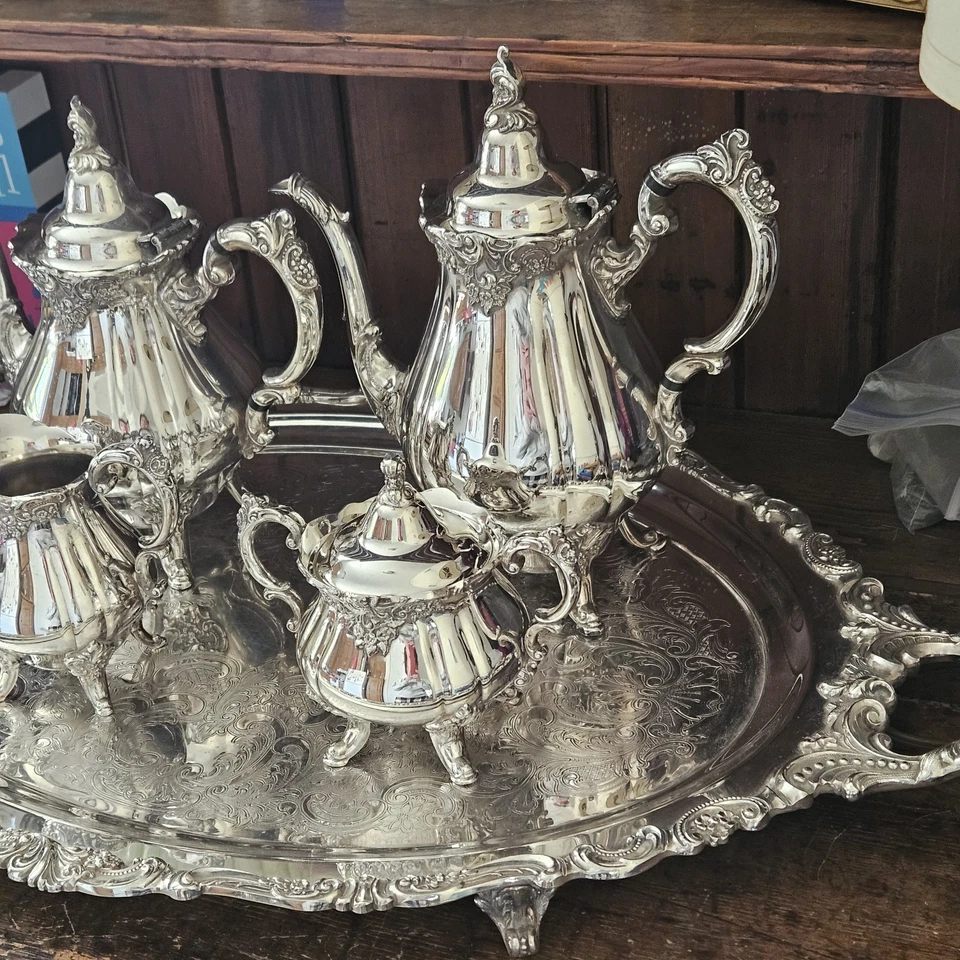 Vintage WALLACE BAROQUE Silverplate Tea & Coffee Service w/Large 29" Tray  - Image 4 of 4