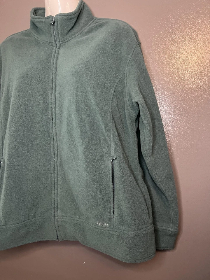 Izod Fleece Jacket Womens Large Green Full Zip Pockets Cozy Outdoor Pullover - Image 3 of 4