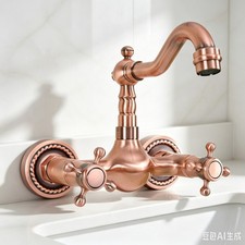 Red Copper Brass Bathroom Basin Sink Faucet Dual Handles Mixer Tap Wall Mount