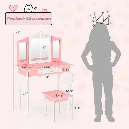 Juego de mesa de tocador y taburete Princess para niños con espejo triple plegable y cajón - rosa Foto 4 de 4