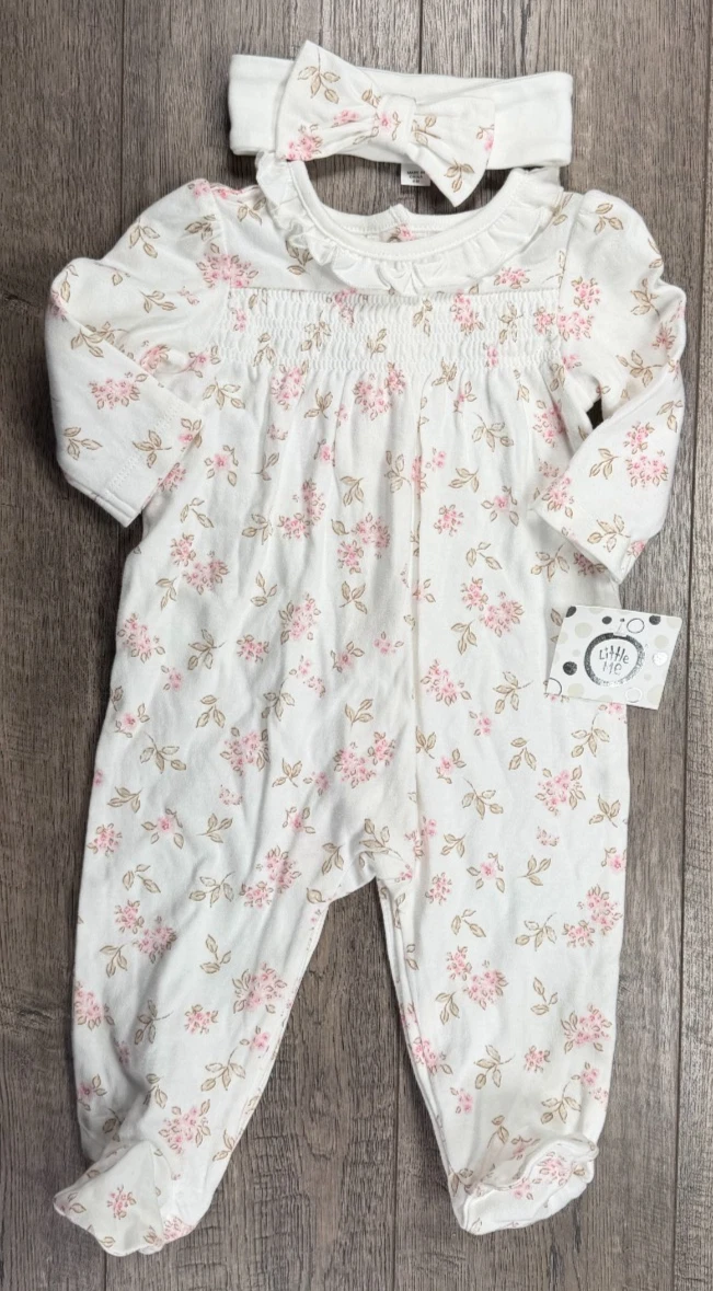 Baby Girl Clothes New Little Me 6 Month 2pc Pink Floral Footed Outfit & Headband