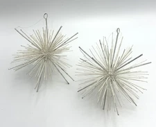 2 Vintage Atomic Sputnik Ornaments White Glitter Painted Metal MCM 1950s