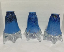 Hand Blown Art Glass Lamp Shades Blue Speckled Confetti Clear Raffle Base 7”X6”