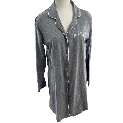 Laura Ashley Nightgown Womens Medium Gray Long Sleeve Button Front Sleep Shirt