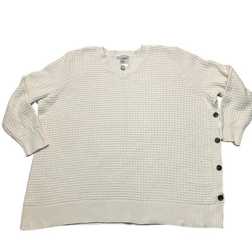 Woman Within Side Button Sweater 3X Waffle Knit Beige Casual Pullover Chunky