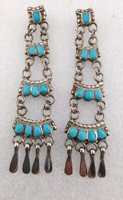 Native American Vintage Zuni Silver Turquoise Long Fringe  Vintage Zuni Sterling Turquoise Gemstone Fringe Earrings main image 1
