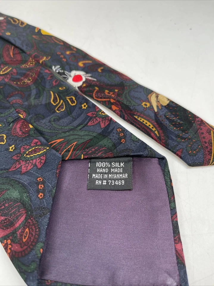 Corbata de manía Looney Tunes 1996 vintage Taz Bugs Bunny base azul seda cachemira 3,5" w Foto 3 de 4