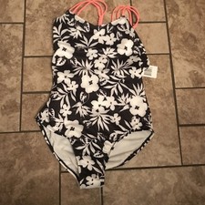 NWT Girls 14 Breaking Waves Swimsuit Black White Coral Floral Cross Back Straps