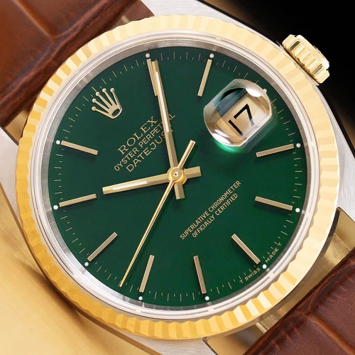ROLEX MENS DATEJUST 16233 18K GOLD STEEL GREEN DIAL WATCH w/ BROWN LEATHER BAND