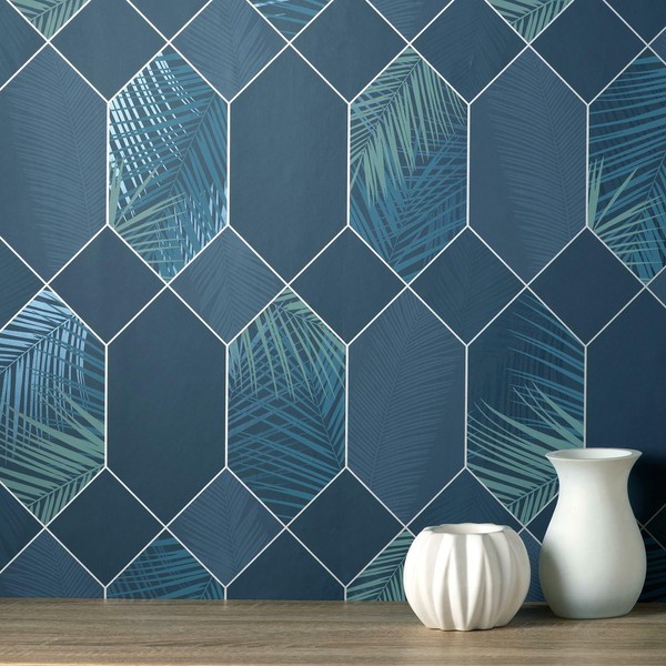 Miami Geometrisch Palme Blatt Fine Decor Tropisch Tapete Navy FD42837 Metallisch-image