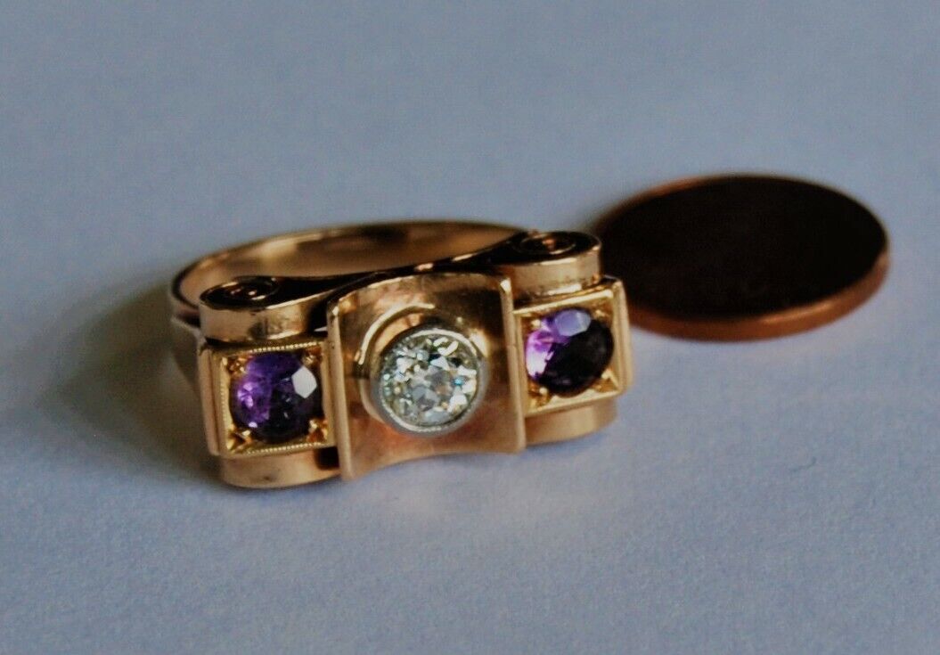 Antik Ring Rotgold Amethyst + Diamant Altschiff Brillant 0.40 Ct LR IF 585 gold 