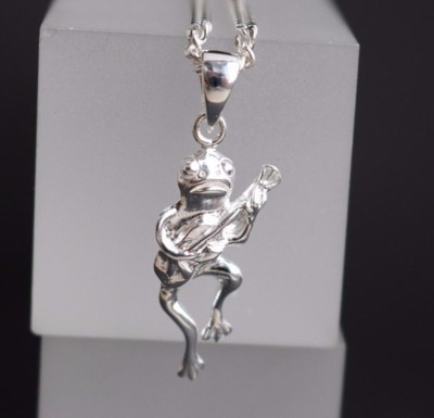 Frog Guitar Playing Pendant - Sterling Silver - Frog King Musician Artist