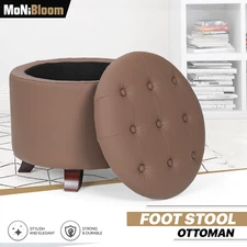 17"Brown Lift Top Storage Ottoman Round Entryway Wood Legs PU Leather Footstool