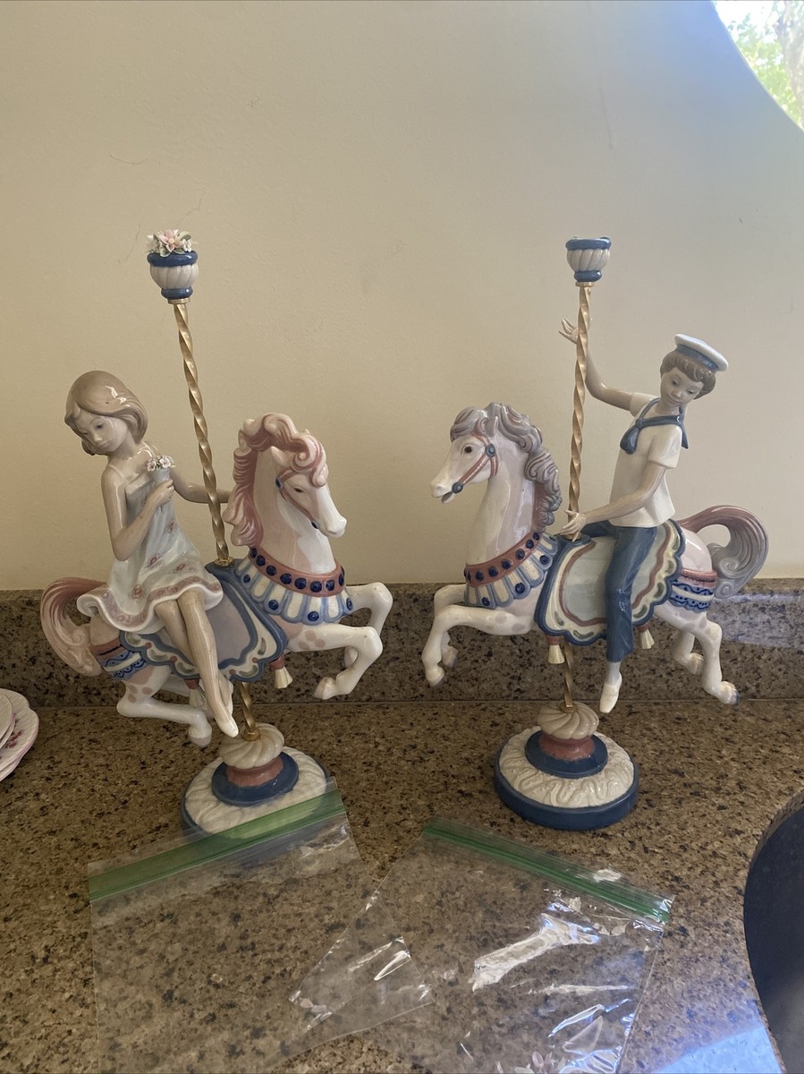 2 LLADRO PORCELAIN Figurines BOY GIRL CAROUSEL Horses 1469 1470 by