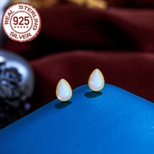 Gold Plated Water Drop Opal Stud Earrings Women 925 Sterling Silver Jewelry Gift